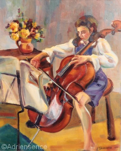 Caroline au violoncelle - 1977 - Huile - 100 x 81 cm par H Adriensence