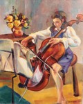 Caroline au violoncelle - 1977 - Huile - 100 x 81 cm par H Adriensence