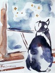 Le chat qui regarde les toiles - aquarelle